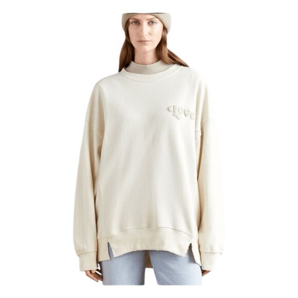 Aerie The Chill Love Crewneck Sweatshirt Cream French Terry Knit Distressed Trim - Picture 2 of 11